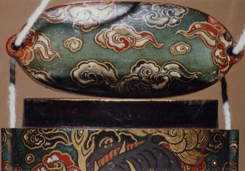 Case (Inrō) with Design of Baku (Mythical Animals) among Ruyi-Shaped Clouds, Lacquer, dark green, mottled ground, red, grey, gold and black hiramakie; Interior: roiro and fundame, Japan
