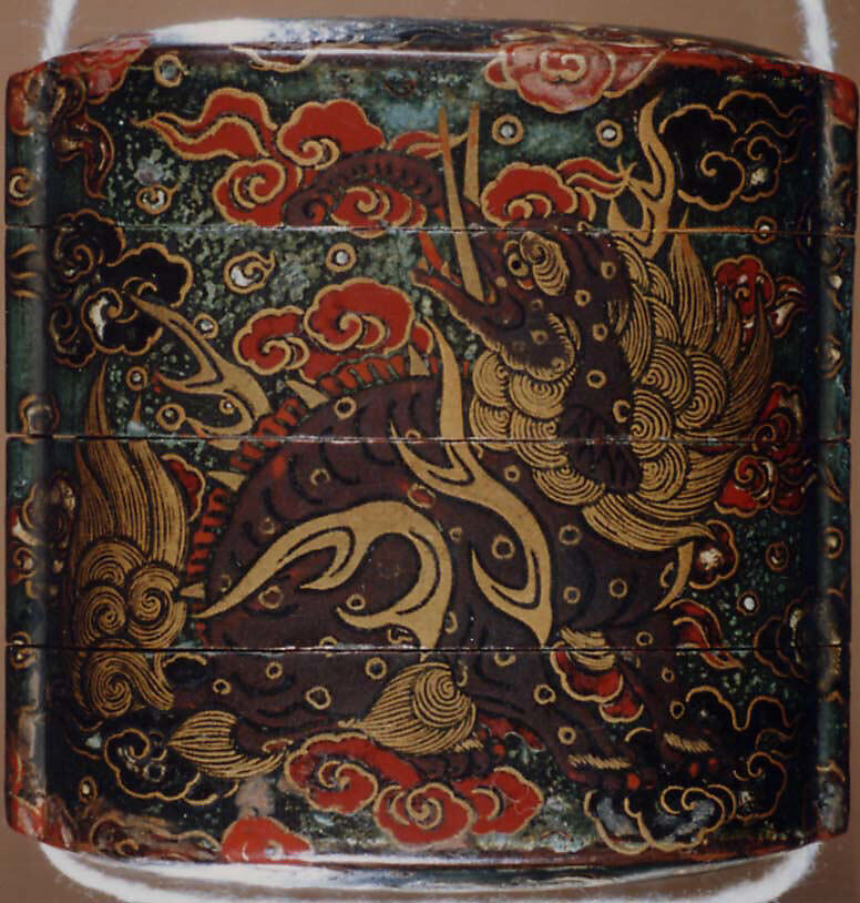 Case (Inrō) with Design of Baku (Mythical Animals) among Ruyi-Shaped Clouds, Lacquer, dark green, mottled ground, red, grey, gold and black hiramakie; Interior: roiro and fundame, Japan