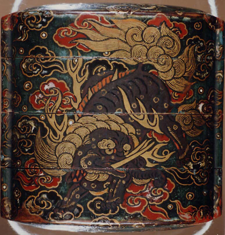 Case (Inrō) with Design of Baku (Mythical Animals) among Ruyi-Shaped Clouds, Lacquer, dark green, mottled ground, red, grey, gold and black hiramakie; Interior: roiro and fundame, Japan