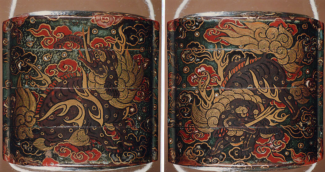 Case (Inrō) with Design of Baku (Mythical Animals) among Ruyi-Shaped Clouds, Lacquer, dark green, mottled ground, red, grey, gold and black hiramakie; Interior: roiro and fundame, Japan 