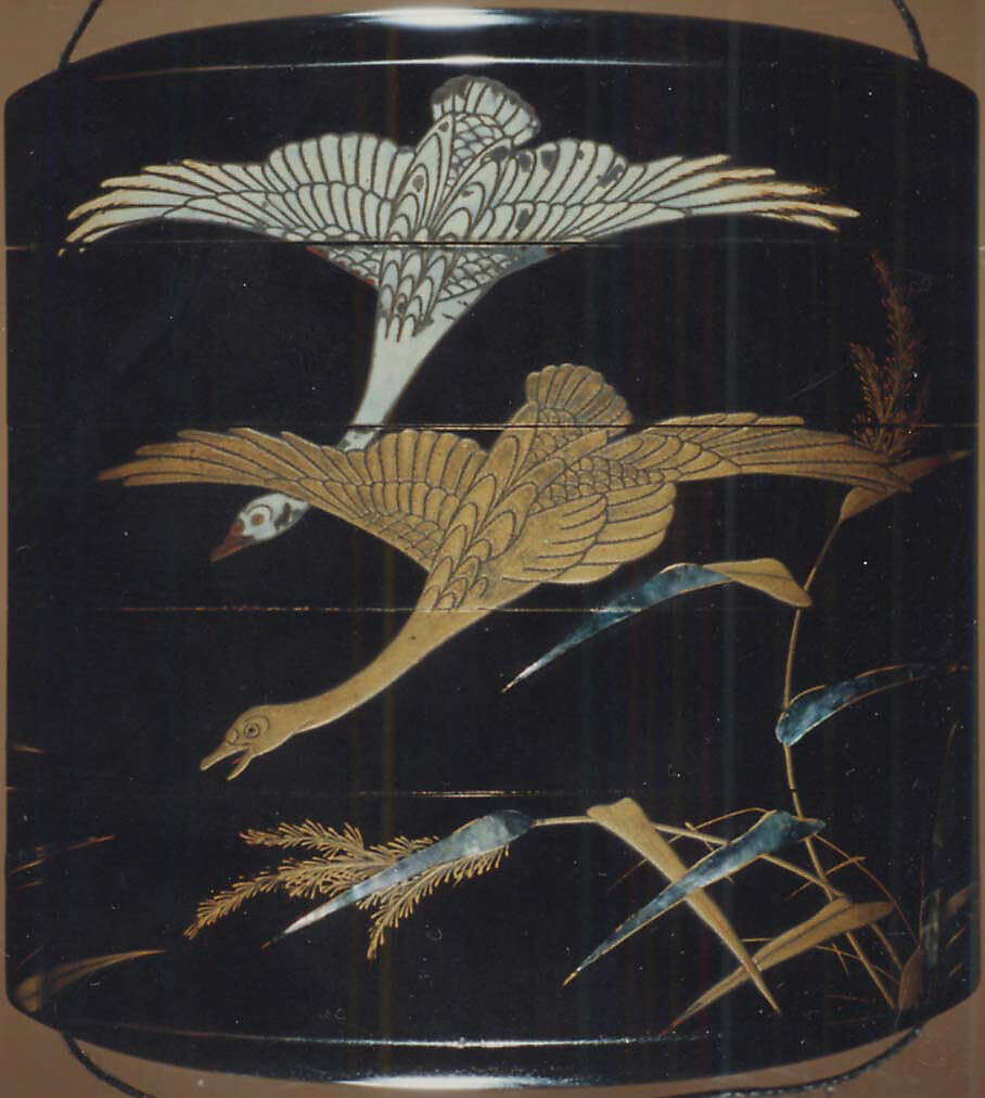 Case (Inrō) with Design of Geese and Reeds, Lacquer, roiro, gold and red hiramakie, aogai, white lacquer; Interior: roiro and fundame, Japan