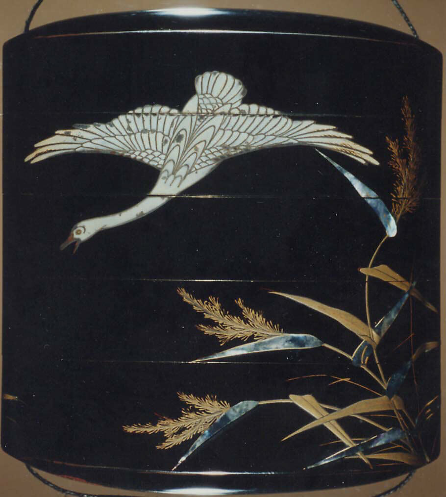 Case (Inrō) with Design of Geese and Reeds, Lacquer, roiro, gold and red hiramakie, aogai, white lacquer; Interior: roiro and fundame, Japan