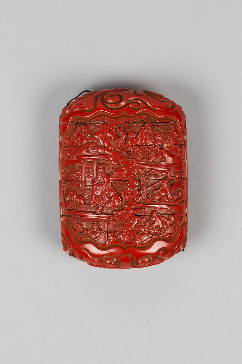 Case (Inrō) with Design of Zodiac Animals beside Chinese Sages and Scrolls, Lacquer, tsuishu, yellow, brown layers, carved; Interior: roiro, Japan