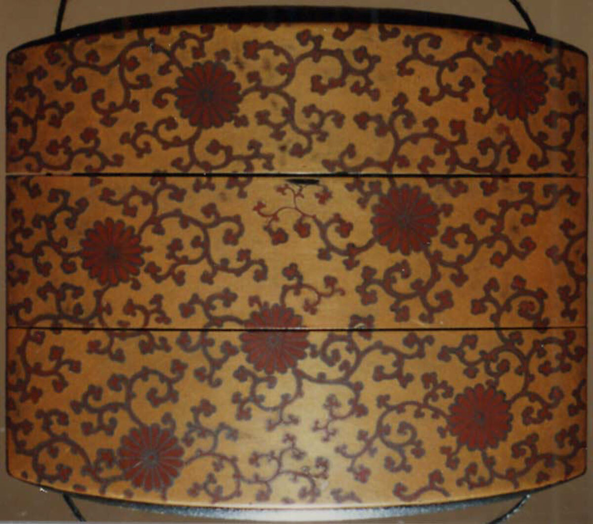 Case (Inrō) with Design of Monkey on Background of Flowers (obverse); Flowering Scrolls (reverse), Lacquer, dark brown, grey and brown hiramakie, takamakie, fundame, red, silver; Interior: roiro and fundame, Japan