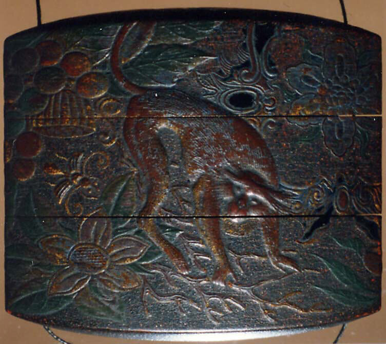 Case (Inrō) with Design of Monkey on Background of Flowers (obverse); Flowering Scrolls (reverse), Lacquer, dark brown, grey and brown hiramakie, takamakie, fundame, red, silver; Interior: roiro and fundame, Japan