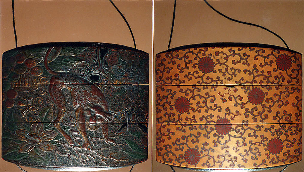 Case (Inrō) with Design of Monkey on Background of Flowers (obverse); Flowering Scrolls (reverse), Lacquer, dark brown, grey and brown hiramakie, takamakie, fundame, red, silver; Interior: roiro and fundame, Japan