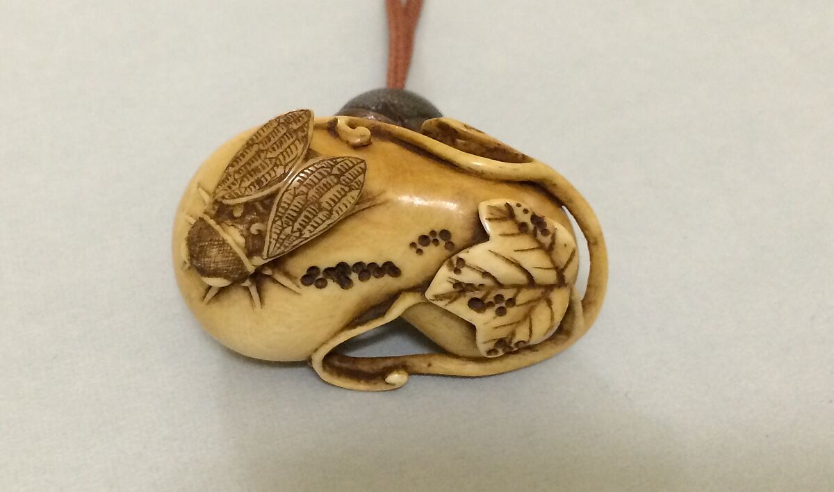 Case (Inrō) with Design of Dragonfly (obverse); Praying Mantis (reverse), Case: powdered gold (maki-e) and colored lacquer on black lacquer; Fastener (ojime): metal with design of dragon blossoms; Toggle (netsuke): ivory carved in the shape of a gourd and cicada, Japan