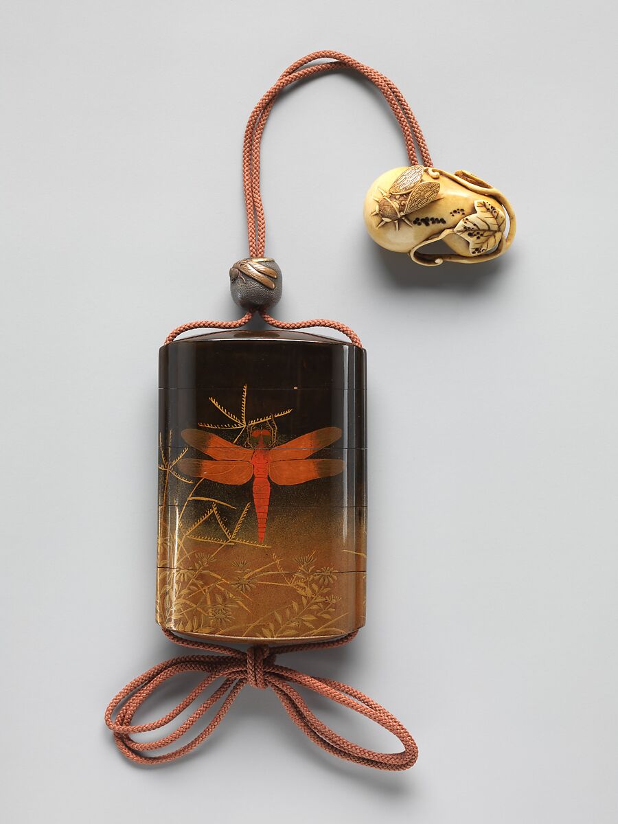 Case (Inrō) with Design of Dragonfly (obverse); Praying Mantis (reverse), Case: powdered gold (maki-e) and colored lacquer on black lacquer; Fastener (ojime): metal with design of dragon blossoms; Toggle (netsuke): ivory carved in the shape of a gourd and cicada, Japan 