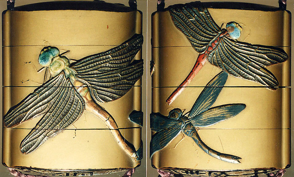 Case (Inrō) with Design of Dragon Flies, Lacquer, fundame, gold, brown and red hiramakie, takamakie, ceramic inlay; Interior: roiro and fundame, Japan 