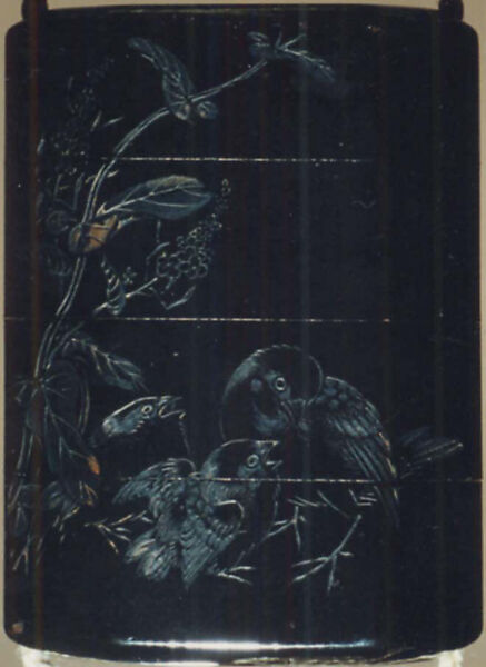 Case (Inrō) with Design of Bird and Two Young beside Flowering Mustard Plant (obverse); Inscription (reverse), Hosoya Hansai (Japanese), Lacquer, roiro, black hiramakie, incised; Interior: roiro and hirame, Japan