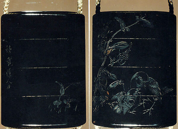 Case (Inrō) with Design of Bird and Two Young beside Flowering Mustard Plant (obverse); Inscription (reverse), Hosoya Hansai (Japanese), Lacquer, roiro, black hiramakie, incised; Interior: roiro and hirame, Japan 
