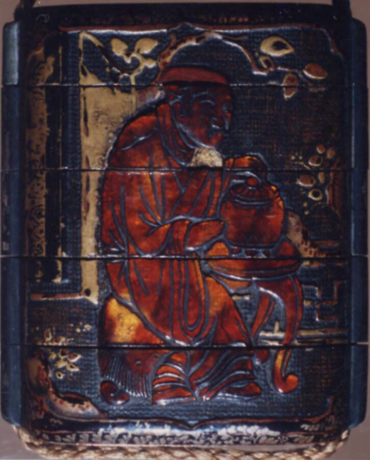 Case (Inrō) with Design of Chinese Sages Seated on Verandah, Lacquer, roiro, rubbed fundame, gold and black hiramakie, tortoiseshell; Interior: nashiji and fundame, Japan