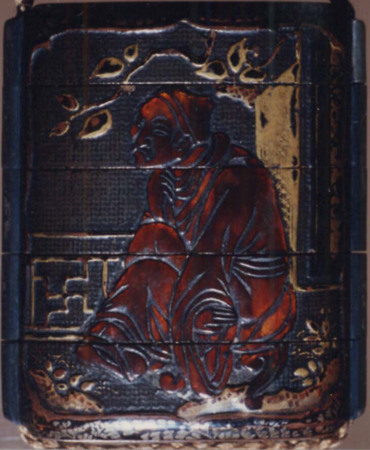 Case (Inrō) with Design of Chinese Sages Seated on Verandah, Lacquer, roiro, rubbed fundame, gold and black hiramakie, tortoiseshell; Interior: nashiji and fundame, Japan