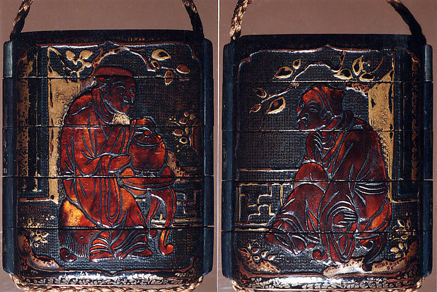 Case (Inrō) with Design of Chinese Sages Seated on Verandah, Lacquer, roiro, rubbed fundame, gold and black hiramakie, tortoiseshell; Interior: nashiji and fundame, Japan