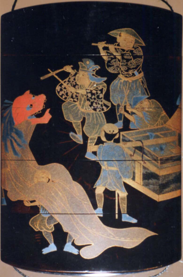 Case (Inrō) with Design of Dancer, Musicians and Drum, Lacquer, roiro, gold and coloured togidashi; Interior: nashiji and fundame, Japan