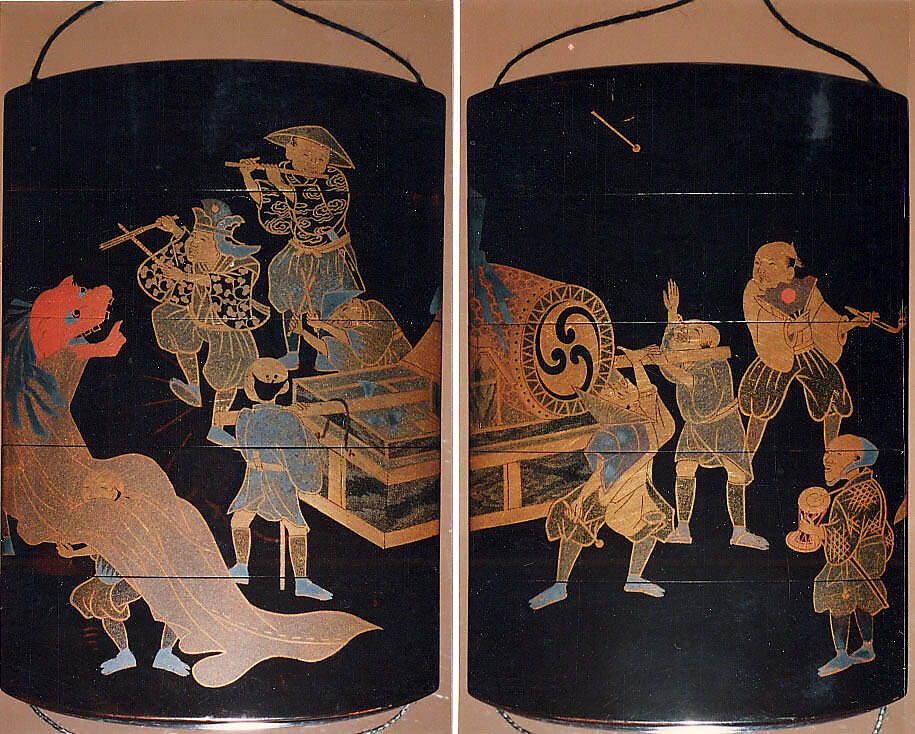 Case (Inrō) with Design of Dancer, Musicians and Drum, Lacquer, roiro, gold and coloured togidashi; Interior: nashiji and fundame, Japan 