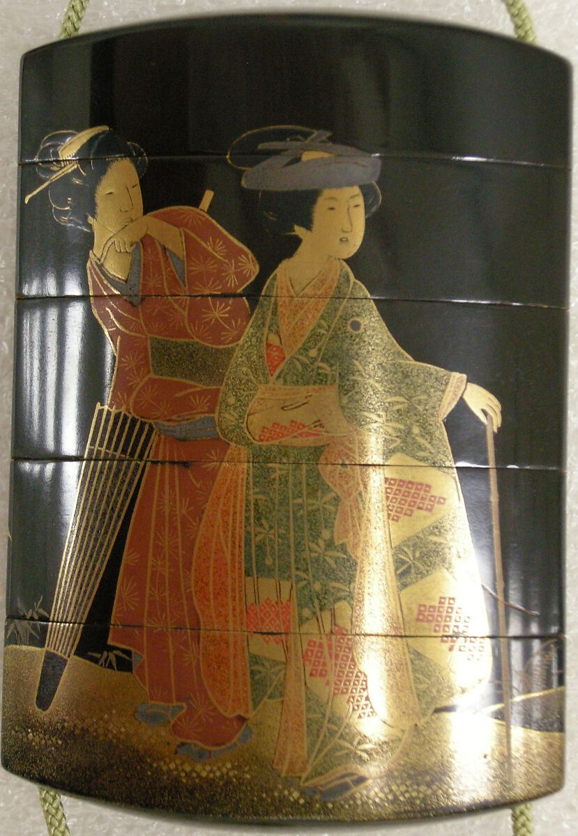 Inrō with Woman and Attendant; Man Reading Characters on a Stone Road Marker (reverse), Four cases; lacquered wood with gold, silver, and color (iroko) togidashimaki-e, hiramaki-e, cut-out gold foil application on black groundNetsuke: snail emerging from its shell; carved woodOjime: coral bead, Japan 