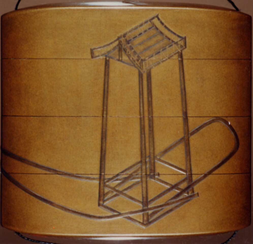 Case (Inrō) with Design of Noh Mask with Red Sun above Pine Trees (obverse); Props for a Noh Play (reverse), Lacquer, fundame, gold, silver, black and red hiramakie, gold and silver foil; Interior: red lacquer and fundame, Japan