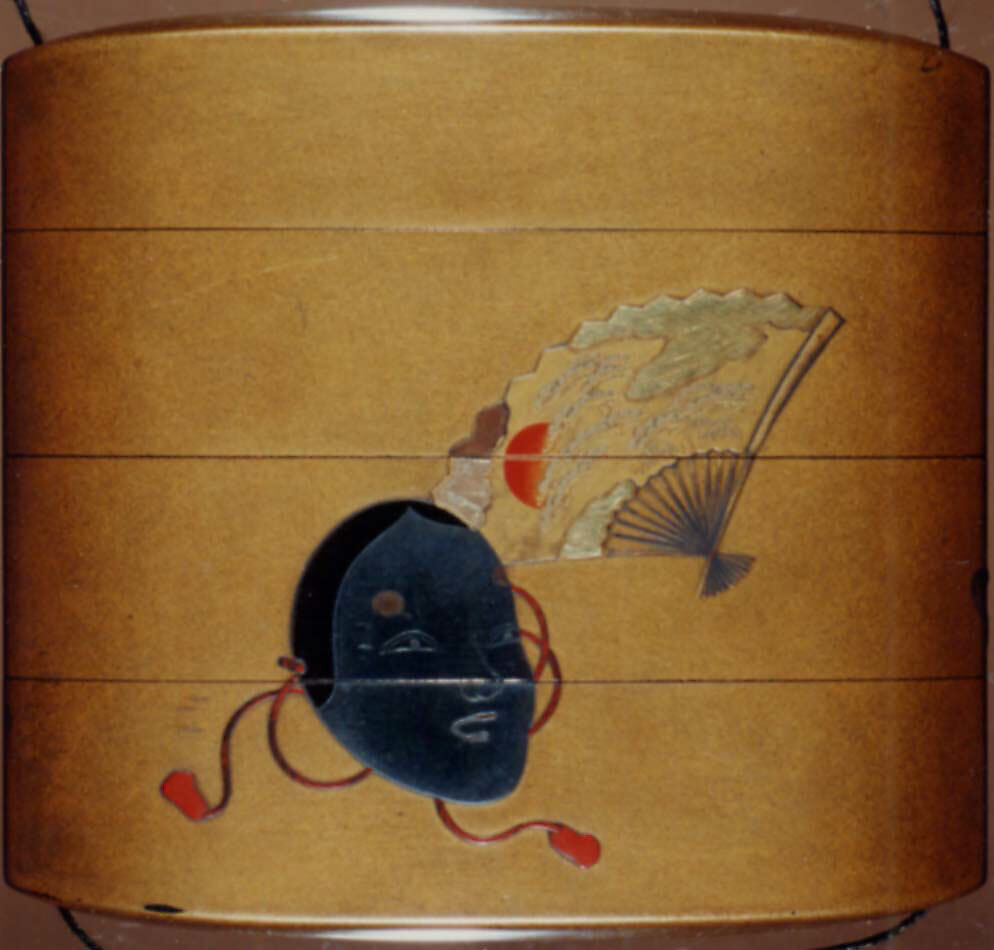 Case (Inrō) with Design of Noh Mask with Red Sun above Pine Trees (obverse); Props for a Noh Play (reverse), Lacquer, fundame, gold, silver, black and red hiramakie, gold and silver foil; Interior: red lacquer and fundame, Japan
