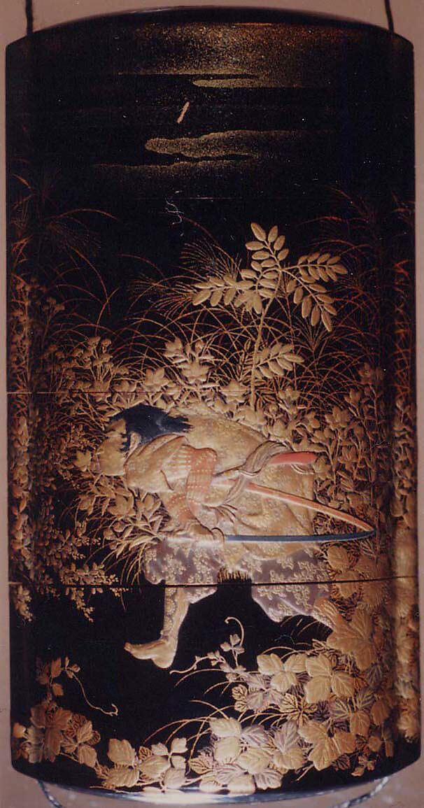 Case (Inrō) with Design of the Courtier Yasusuke Playing Flute beneath Full Moon (obverse); His Brother Kidomaru Hiding among Autumn Grasses (reverse), Lacquer, roiro, gold, silver, black and red hiramakie, takamakie, togidashi; Interior: gyobu nashiji and fundame, boxes, Japan