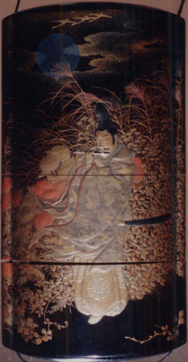Case (Inrō) with Design of the Courtier Yasusuke Playing Flute beneath Full Moon (obverse); His Brother Kidomaru Hiding among Autumn Grasses (reverse), Lacquer, roiro, gold, silver, black and red hiramakie, takamakie, togidashi; Interior: gyobu nashiji and fundame, boxes, Japan