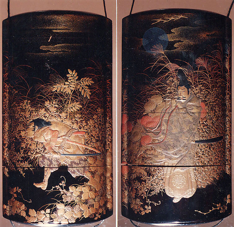 Case (Inrō) with Design of the Courtier Yasusuke Playing Flute beneath Full Moon (obverse); His Brother Kidomaru Hiding among Autumn Grasses (reverse), Lacquer, roiro, gold, silver, black and red hiramakie, takamakie, togidashi; Interior: gyobu nashiji and fundame, boxes, Japan 
