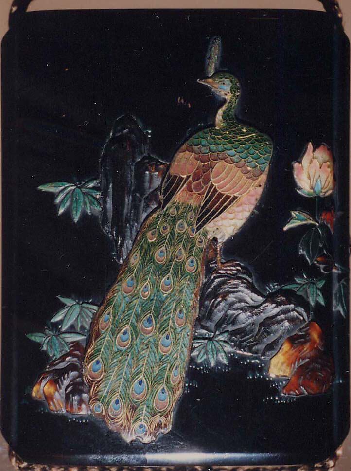 Case (Inrō) with Design of Peacock on Rock with Peonies, Lacquer, roiro, horn, ivory and cloisonne inlay, Inro: nashiji, togidashi; Interior: gyobu nashiji and fundame, Japan