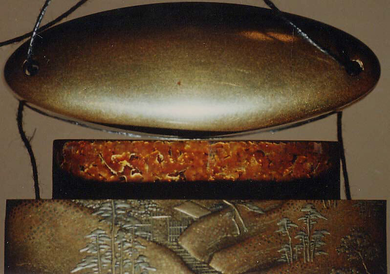 Case (Inrō) with Design of People (Benkei and Yoshitsune)Talking to Child Carrying a Large Basket (obverse); Two Running Children (reverse), Lacquer, kinji, nashiji, gold, silver, black and brown hiramakie, metal inlay; Interior: fundame, Japan