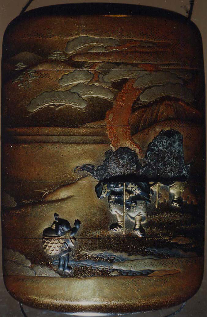 Case (Inrō) with Design of People (Benkei and Yoshitsune)Talking to Child Carrying a Large Basket (obverse); Two Running Children (reverse), Lacquer, kinji, nashiji, gold, silver, black and brown hiramakie, metal inlay; Interior: fundame, Japan
