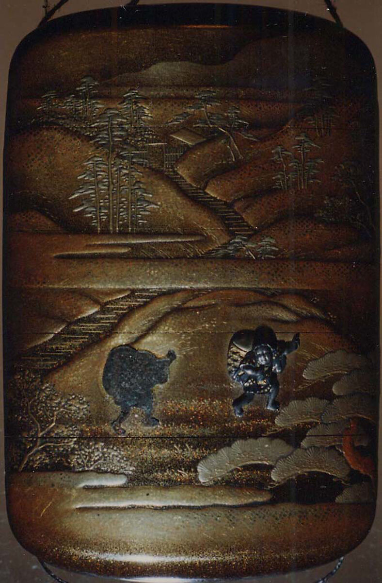 Case (Inrō) with Design of People (Benkei and Yoshitsune)Talking to Child Carrying a Large Basket (obverse); Two Running Children (reverse), Lacquer, kinji, nashiji, gold, silver, black and brown hiramakie, metal inlay; Interior: fundame, Japan