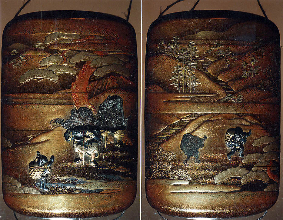 Case (Inrō) with Design of People (Benkei and Yoshitsune)Talking to Child Carrying a Large Basket (obverse); Two Running Children (reverse), Lacquer, kinji, nashiji, gold, silver, black and brown hiramakie, metal inlay; Interior: fundame, Japan 