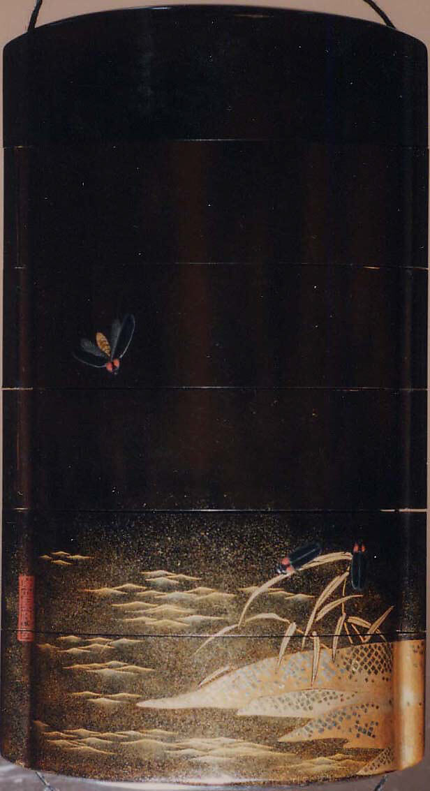 Case (Inrō) with Design of Fireflies in Flight and Climbing on Stone Baskets and Reeds at the Shore, Lacquer, roiro, gold and coloured hiramakie, togidashi, nashiji, kirigane; Interior: nashiji and fundame, Japan