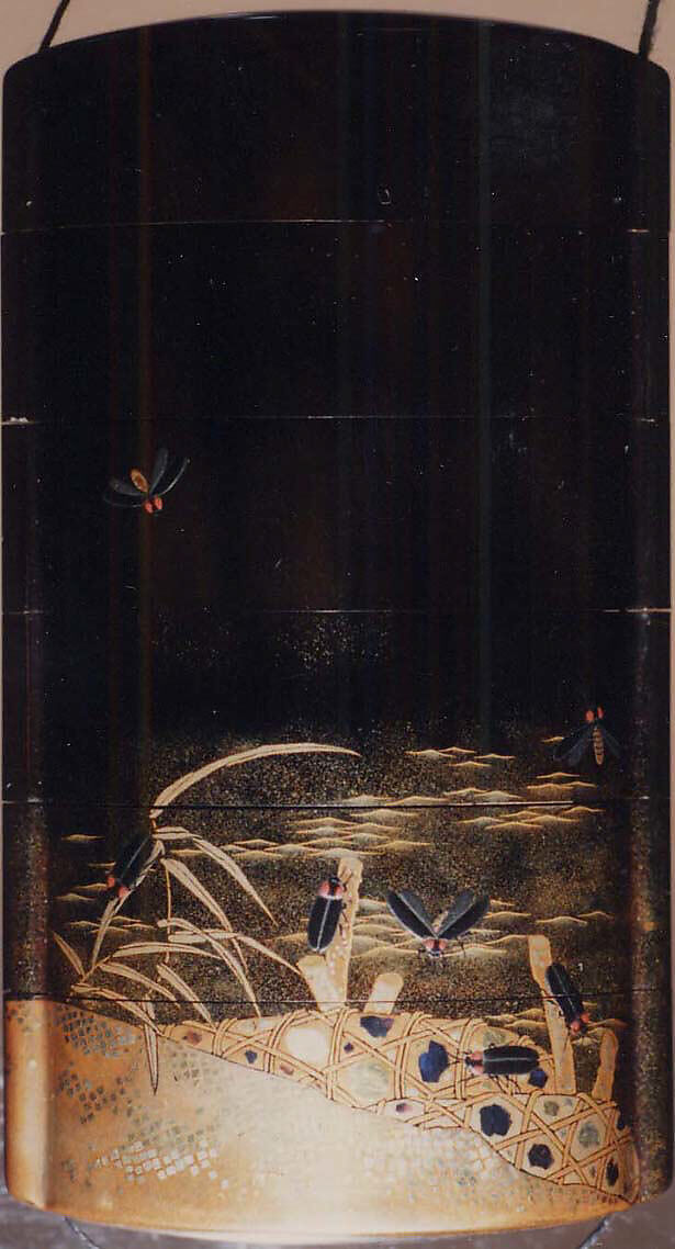 Case (Inrō) with Design of Fireflies in Flight and Climbing on Stone Baskets and Reeds at the Shore, Lacquer, roiro, gold and coloured hiramakie, togidashi, nashiji, kirigane; Interior: nashiji and fundame, Japan