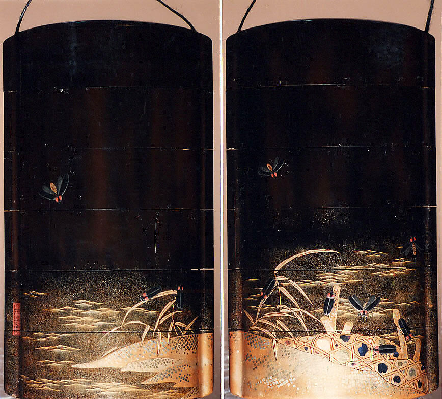 Case (Inrō) with Design of Fireflies in Flight and Climbing on Stone Baskets and Reeds at the Shore, Lacquer, roiro, gold and coloured hiramakie, togidashi, nashiji, kirigane; Interior: nashiji and fundame, Japan 