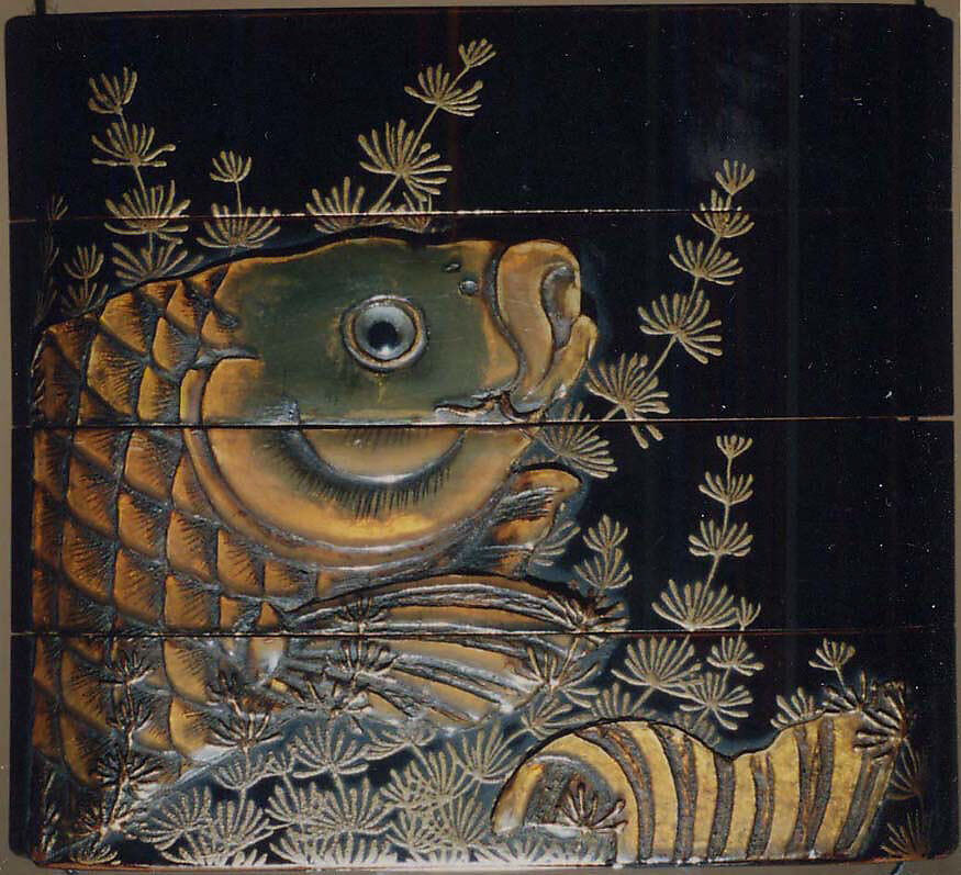Case (Inrō) with Design of Fish among Seaweeds, Lacquer, roiro, gold hiramakie, raden, stained horn, ivory, chinkinbori; Interior: red lacquer and fundame, chinkinbori decoration, Japan