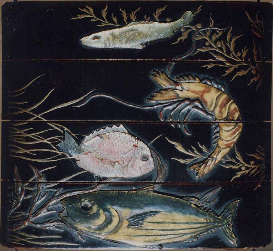 Case (Inrō) with Design of Fish among Seaweeds, Lacquer, roiro, gold hiramakie, raden, stained horn, ivory, chinkinbori; Interior: red lacquer and fundame, chinkinbori decoration, Japan