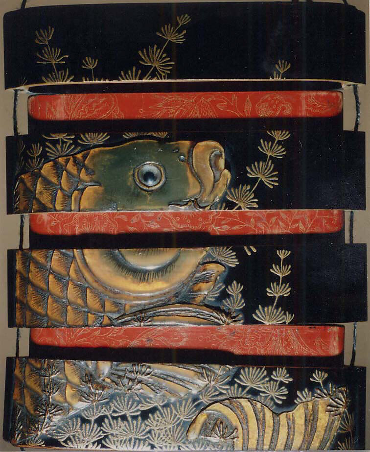 Case (Inrō) with Design of Fish among Seaweeds, Lacquer, roiro, gold hiramakie, raden, stained horn, ivory, chinkinbori; Interior: red lacquer and fundame, chinkinbori decoration, Japan