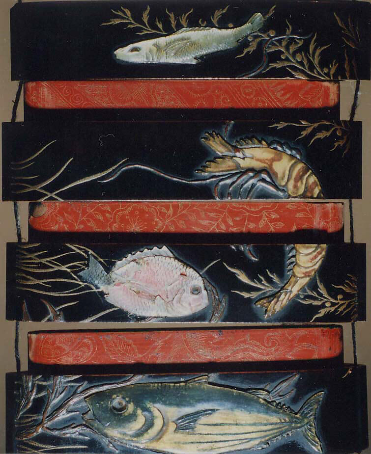 Case (Inrō) with Design of Fish among Seaweeds, Lacquer, roiro, gold hiramakie, raden, stained horn, ivory, chinkinbori; Interior: red lacquer and fundame, chinkinbori decoration, Japan