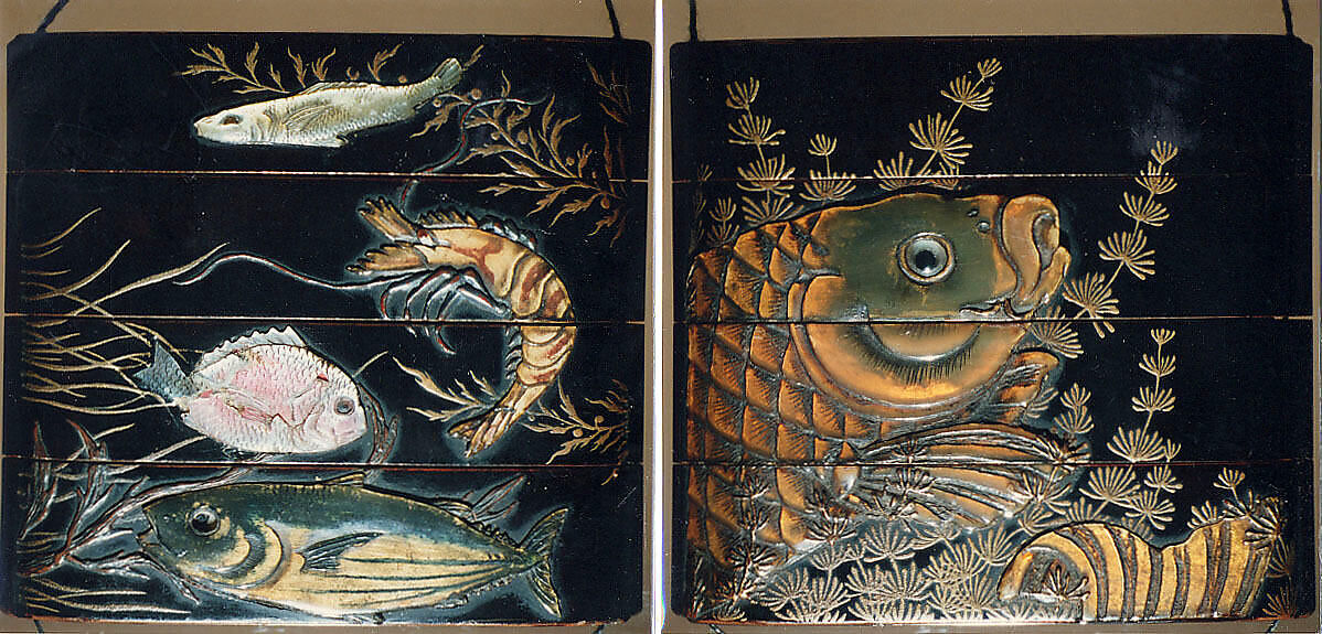 Case (Inrō) with Design of Fish among Seaweeds, Lacquer, roiro, gold hiramakie, raden, stained horn, ivory, chinkinbori; Interior: red lacquer and fundame, chinkinbori decoration, Japan 