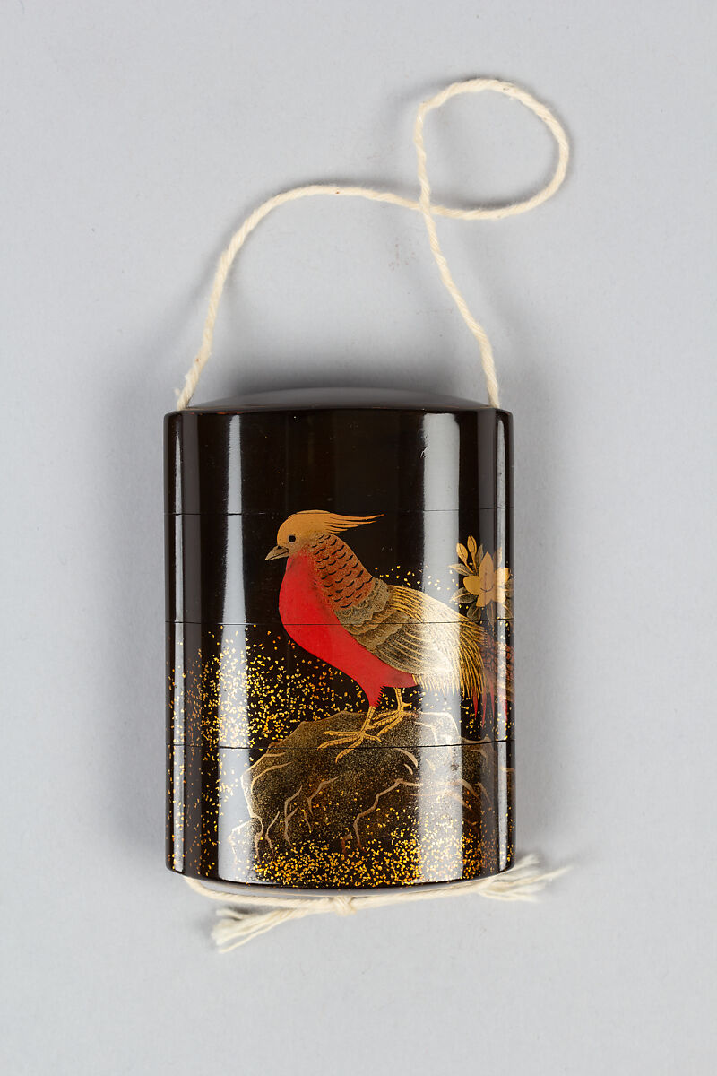 Case (Inrō) with Design of Pheasant on Rocks beside Flowering Azalea, Lacquer, roiro, nashiji, gold and coloured togidashi; Interior: nashiji and fundame, Japan 