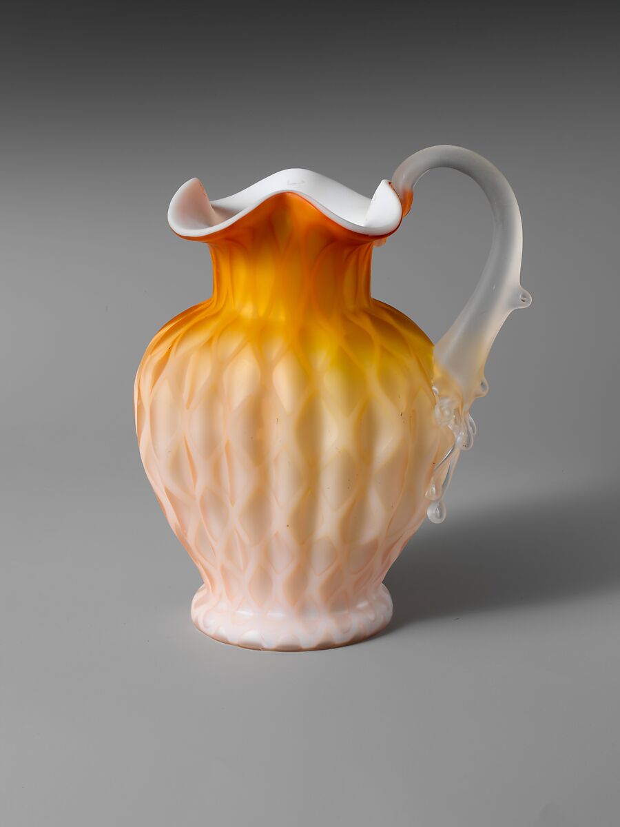 Pitcher, Blown satin pink glass, American or British 