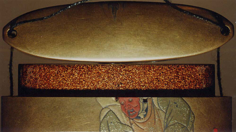 Case (Inrō) with Design of Bugaku Dancer in Red Mask (obverse); Drummer Playing Temple Drum (reverse), Lacquer, kinji, gold and coloured hiramakie, takamakie, gold foil; Interior: nashiji and fundame, Japan