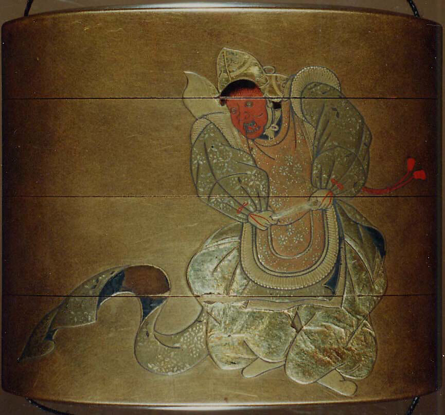 Case (Inrō) with Design of Bugaku Dancer in Red Mask (obverse); Drummer Playing Temple Drum (reverse), Lacquer, kinji, gold and coloured hiramakie, takamakie, gold foil; Interior: nashiji and fundame, Japan