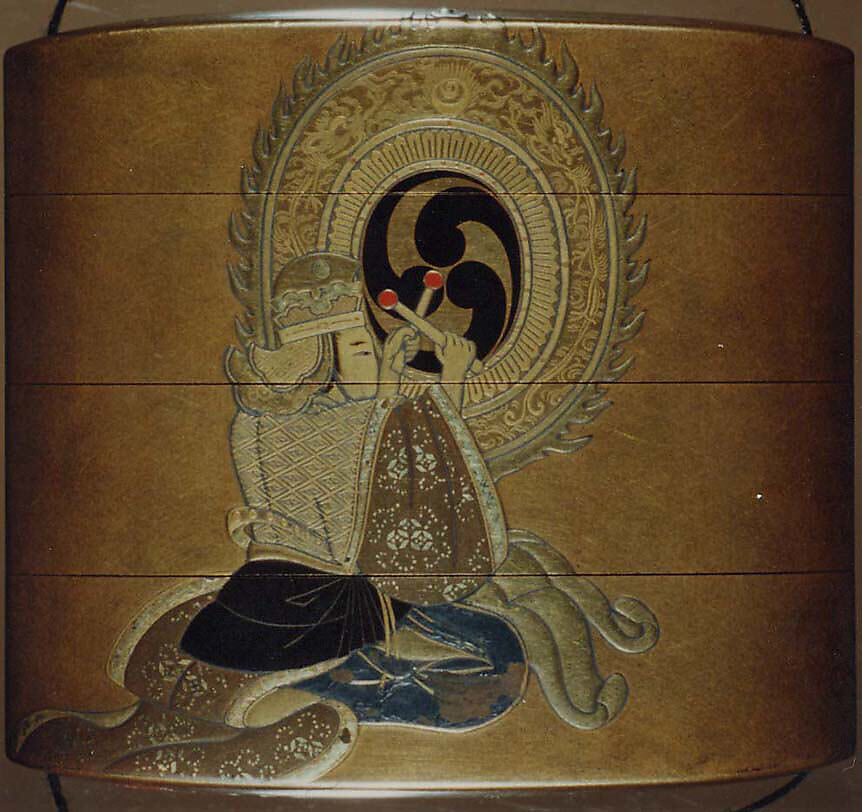 Case (Inrō) with Design of Bugaku Dancer in Red Mask (obverse); Drummer Playing Temple Drum (reverse), Lacquer, kinji, gold and coloured hiramakie, takamakie, gold foil; Interior: nashiji and fundame, Japan