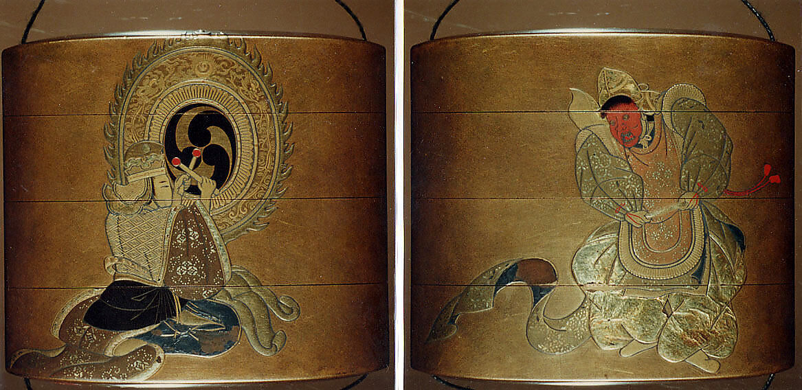 Case (Inrō) with Design of Bugaku Dancer in Red Mask (obverse); Drummer Playing Temple Drum (reverse), Lacquer, kinji, gold and coloured hiramakie, takamakie, gold foil; Interior: nashiji and fundame, Japan 