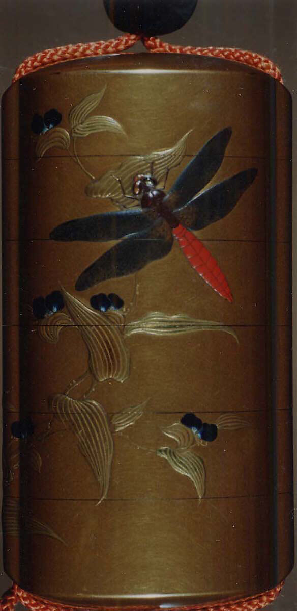 Case (Inrō) with Design of Dragonfly Seated on Leaf of Flowering Plant, Lacquer, kinji, gold and silver hiramakie, aogai and other inlay; Interior: nashiji and fundame, Japan