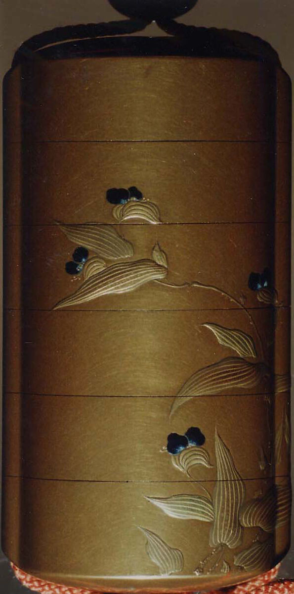 Case (Inrō) with Design of Dragonfly Seated on Leaf of Flowering Plant, Lacquer, kinji, gold and silver hiramakie, aogai and other inlay; Interior: nashiji and fundame, Japan