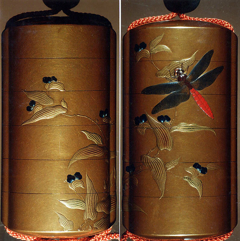 Case (Inrō) with Design of Dragonfly Seated on Leaf of Flowering Plant, Lacquer, kinji, gold and silver hiramakie, aogai and other inlay; Interior: nashiji and fundame, Japan 