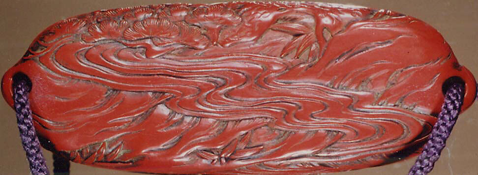 Inrō with Cranes in Plum, Bamboo and Pine, Carved red lacquerNetsuke: bird and flower; lacquer, tsuishuOjime: cricket among flowers; pierced and carved silver bead, Japan