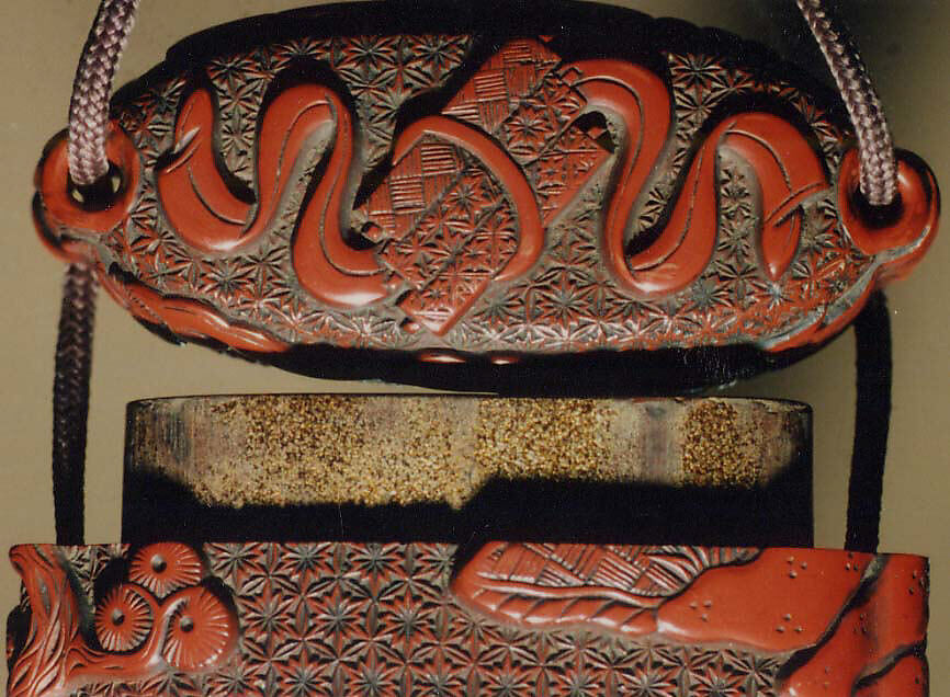 Case (Inrō) with Design of Chinese Sages Drinking and Writing on Banana Leaf, Lacquer, tsuishu, carved relief, stained; Interior: nashiji and fundame, Japan